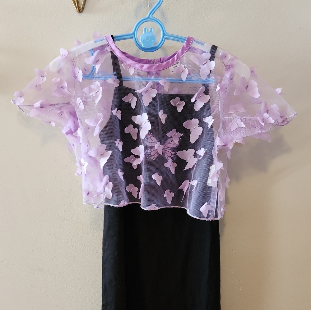 🦋 Butterfly Print Dress + Sheer Mesh Top Set – Size 6
